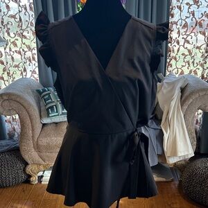 Staccato Black Wrap Peplum Top with Ruffle Sleeves